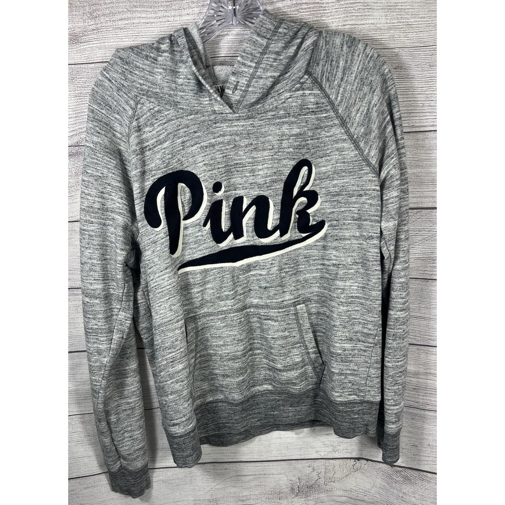 PINK Victorias Secret Womens Sz Large Gray Embroidered Pullover Hoodie